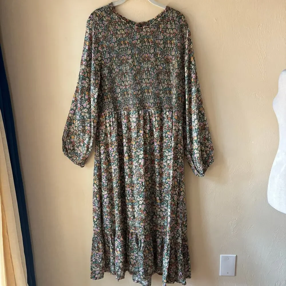 Old Navy Womens XXL Ditsy Floral Smocked Midi Dress Long Sleeve Rayon Boho Multi